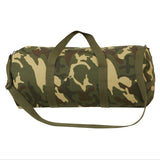 Camouflage duffel bag with green straps on a white background