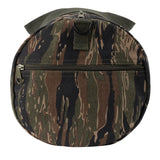 Camouflage-patterned bag with a visible zipper on a white background