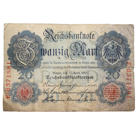 SALE Vintage Pre-WWI German Imperial Reichsbanknote 20 Mark - 1910