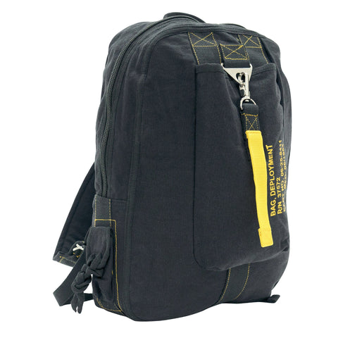 Black backpack with a yellow tag on a white background