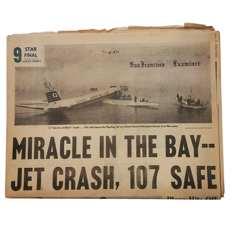 Rare San Francisco Examiner 11/22/1968 "Miracle In The Bay -- Jet Crash, 107 Safe"
