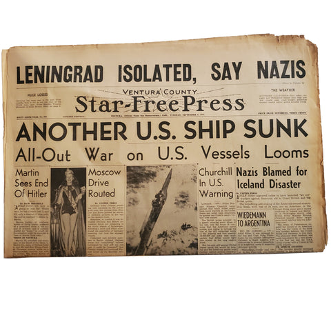 Rare Ventura County Star Free Press 12/9/1941 "Another US Ship Sunk" "Leningrad Isolated..."