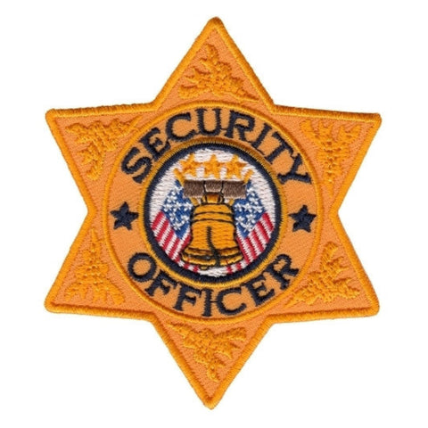 SECURITY OFFICER 6-Pt Star Badge Patch, Gold/Blk, 3x3"