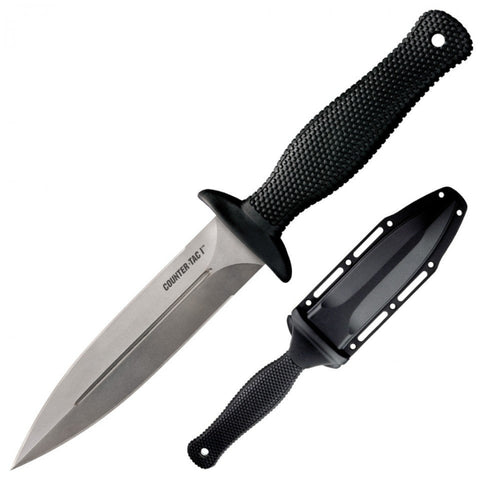 Knife with black handle and sheath on a white background
