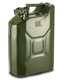 An olive green metal jerrycan with a 10L capacity marking, featuring a carrying handle and a secure cap, shown on a plain white background.