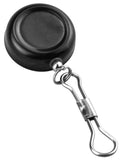 A black round retractable badge reel with a silver metal carabiner clip attached, shown on a plain white background.