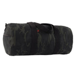 Black camouflage duffel bag on a white background