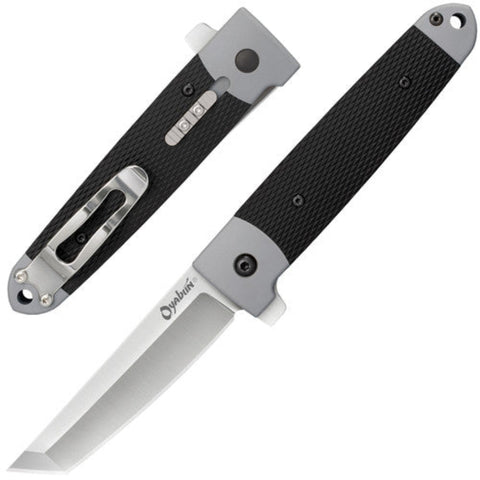 Folding knife with black handle and silver blade on a white background