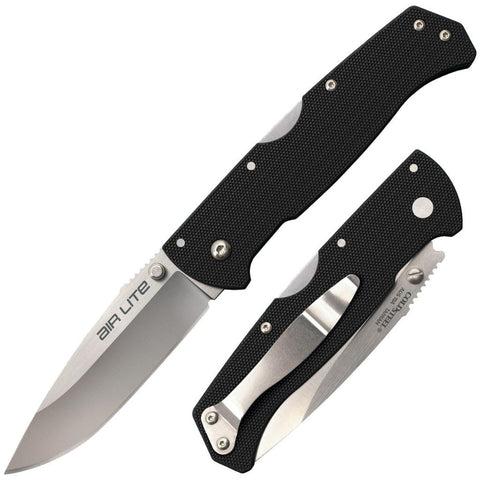 Two folding knives with black handles and silver blades on a white background