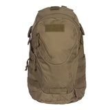 Tan backpack with multiple pockets and straps on a white background
