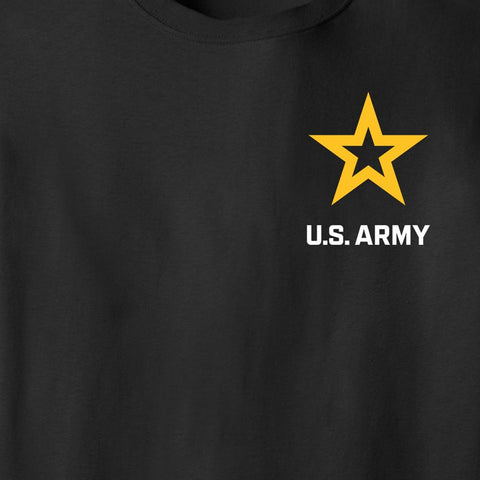 Close-up of a black crewneck sweatshirt featuring a yellow five-point star with a black center and the white text 'U.S.