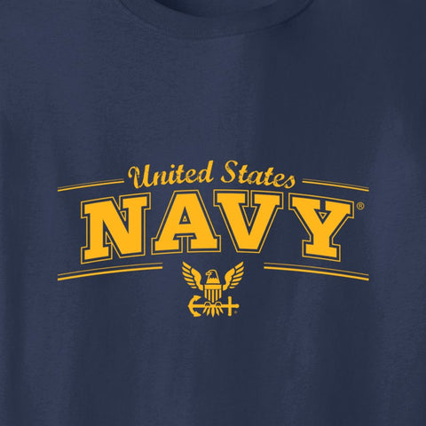 Close-up of a navy blue t-shirt featuring a yellow printed graphic that reads 'United States NAVY' with an eagle and anchor emblem below.