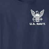 Close-up of a navy blue t-shirt featuring a white printed U.S. Navy eagle emblem and text on the left chest.