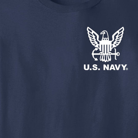 Close-up of a navy blue t-shirt featuring a white printed U.S. Navy eagle emblem and text on the left chest.