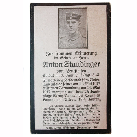 WWII German Death Card - Unton Gtaudinger