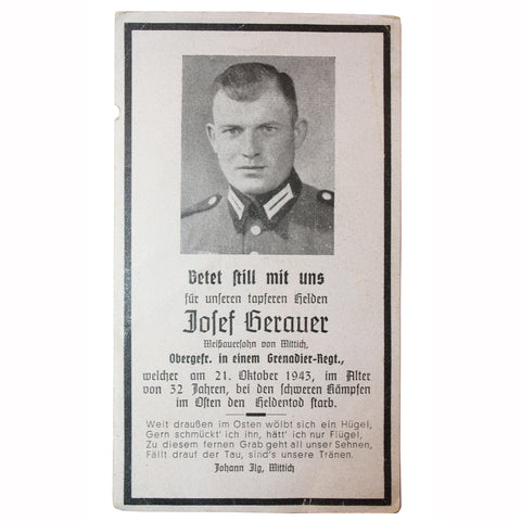 WWII German Death Card - Jolef Herauer