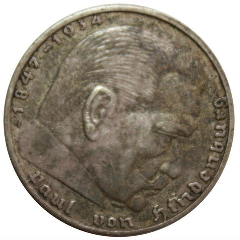 1938 Paul Van Hindenburg 2 Reich Mark Silver Coin