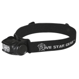 A black 5ive Star Gear multi-function headlamp with an elastic headband, featuring LED lights and color filters.