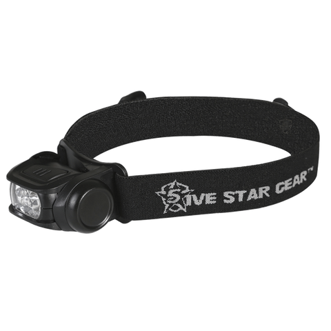 A black 5ive Star Gear multi-function headlamp with an elastic headband, featuring LED lights and color filters.