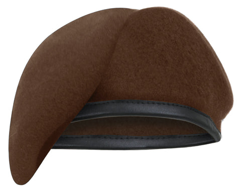 Brown beret with a black band on a white background