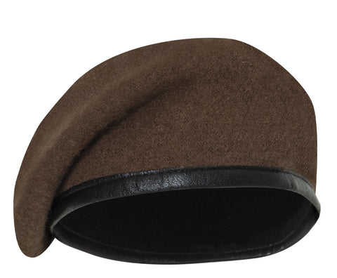Brown beret with black band on a white background