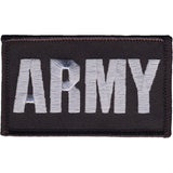A rectangular embroidered patch with the word 'ARMY' in large white capital letters on a black background, shown on a plain white studio background.