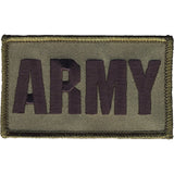 An embroidered rectangular patch with the word 'ARMY' in dark brown or very dark plum thread on an olive drab background, finished with a matching olive border.