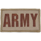 An embroidered rectangular patch with the word 'ARMY' in large brown letters on a tan background, finished with a stitched border.