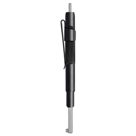 A black and silver handcuff lock key tool with a textured grip, a metal clip, and a pointed tip, shown vertically on a plain white background.