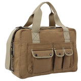 Brown bag with multiple pockets and straps on a white background