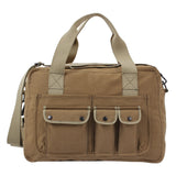 Brown bag with multiple pockets and straps on a white background