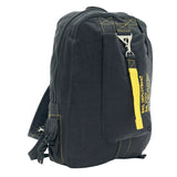 Black backpack with a yellow tag on a white background