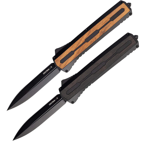Two folding pocket knives shown on a plain white background, one with a black handle and one with a black handle featuring a light wood inlay.