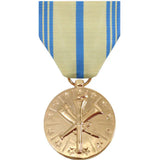 Gold medal with a blue and green ribbon on a white background