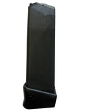 A black plastic magazine or grip component with a textured grip base, shown vertically against a plain light gray background.