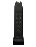 A Glock 4.0 caliber magazine for handguns, featuring a black polymer frame with pre-drilled steel magazine pockets and embossed markings including 'GLOCK' and 'AUTRA'.