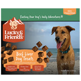 Front of a Lucky Friends Beef Liver Dog Treats package, showing a brown dog on a beach with floating treat cubes and product text on a green and orange label.