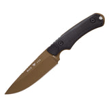 Folding knife with brown blade and black handle on a white background