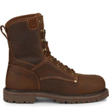 Brown leather boot with visible brand name on a white background