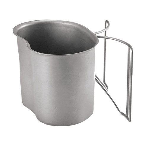 Stainless steel camp cup with handle on a white background