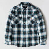 Plaid shirt with two front pockets on a light gray background
