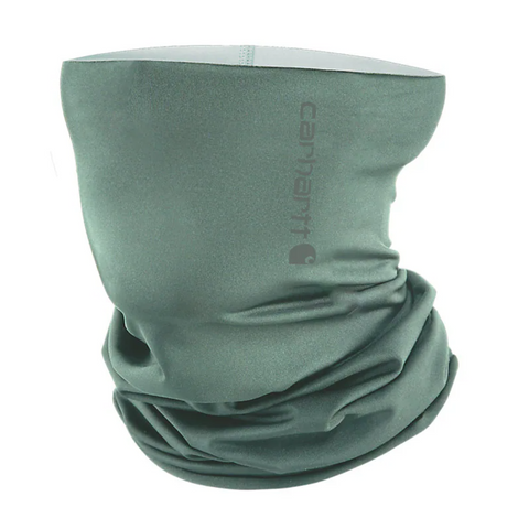 Green neck gaiter with Carhartt logo on a white background