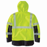 High-visibility yellow raincoat with reflective stripes on a white background