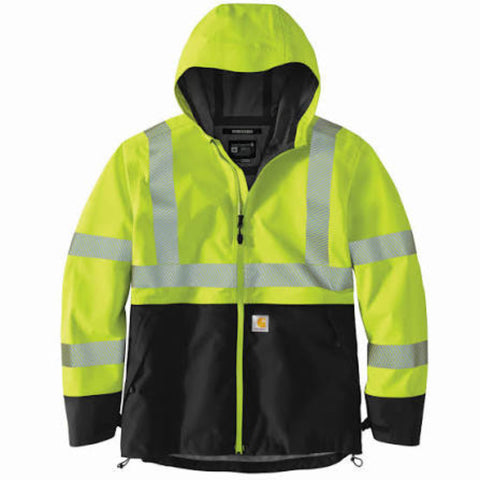High-visibility jacket with reflective stripes on a white background