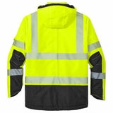 High-visibility yellow hooded jacket with reflective silver stripes and black lower panel and sleeve sections, shown from the back on a white background.