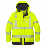 A high-visibility yellow hooded work jacket with reflective silver stripes and black trim, shown on a plain white background.