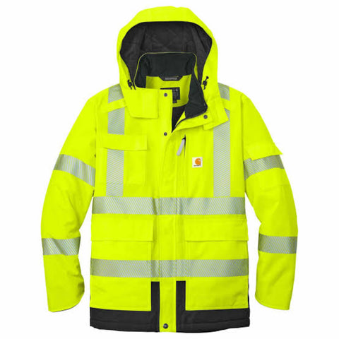 A high-visibility yellow hooded work jacket with reflective silver stripes and black trim, shown on a plain white background.