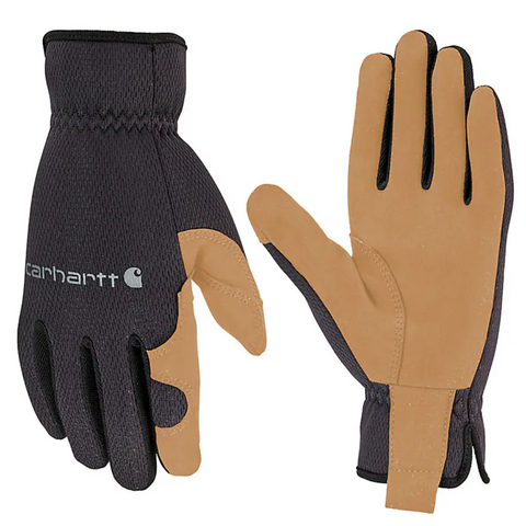 Pair of black and brown Carhartt gloves on a white background