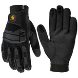 Black work gloves with Carhartt logo on a white background