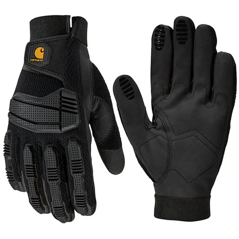 Black work gloves with Carhartt logo on a white background